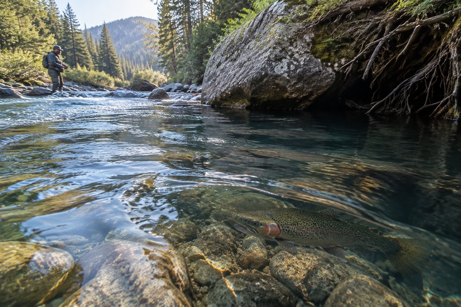 A cutthroat trout swims beside a shaded pool in a mountain stream as an angler watches from the bank.
