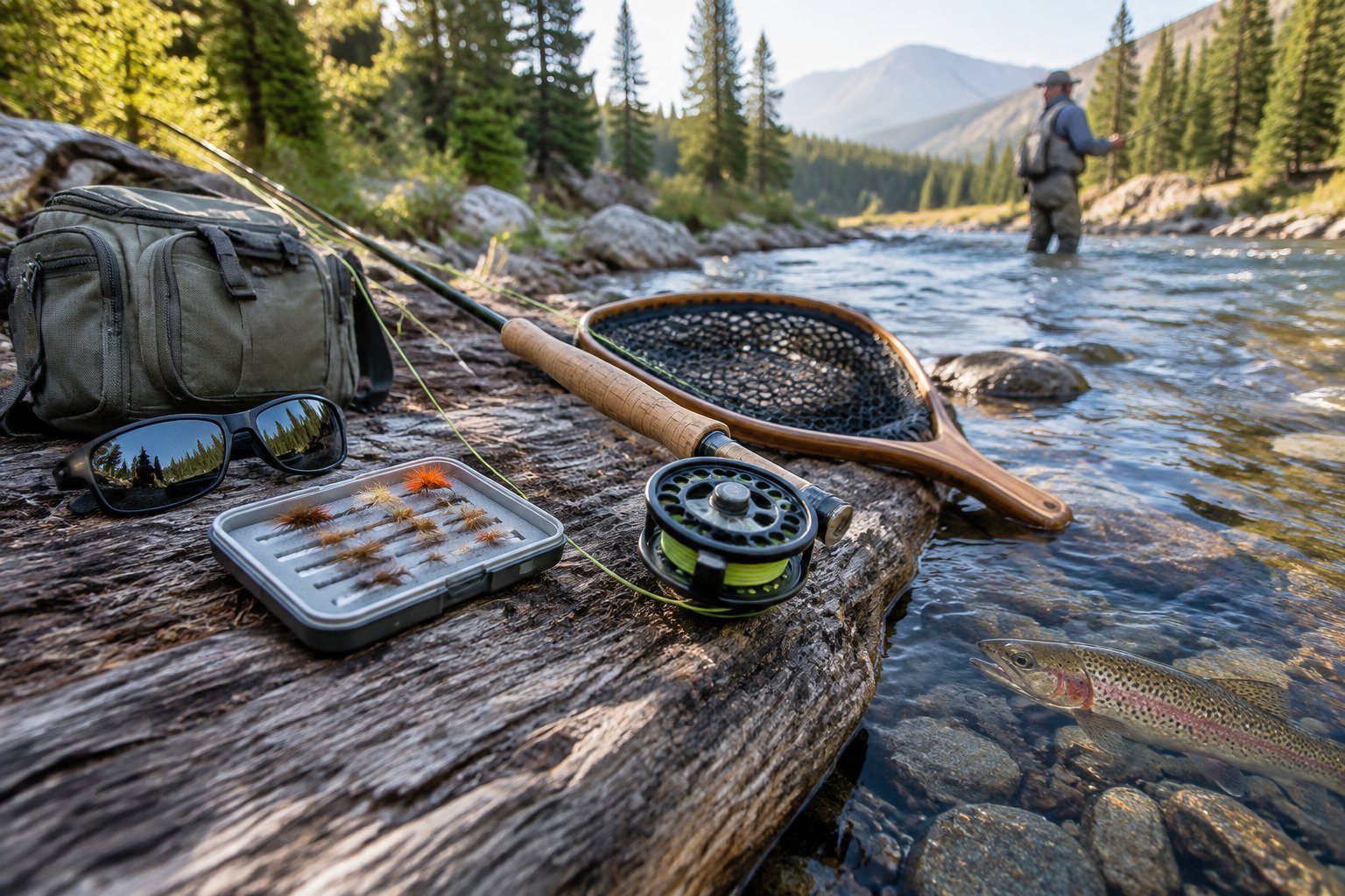 Fishing gear arranged beside a mountain stream, with an angler and a cutthroat trout nearby.