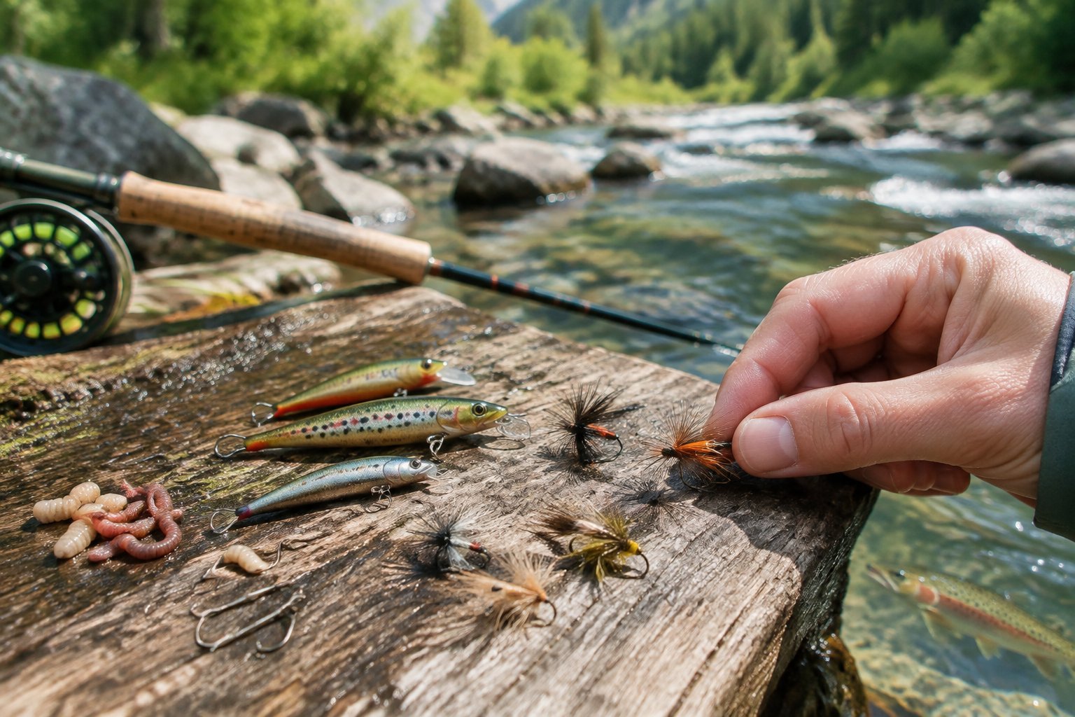 Fishing flies, lures, and bait arranged beside a mountain stream as an angler selects a fly.