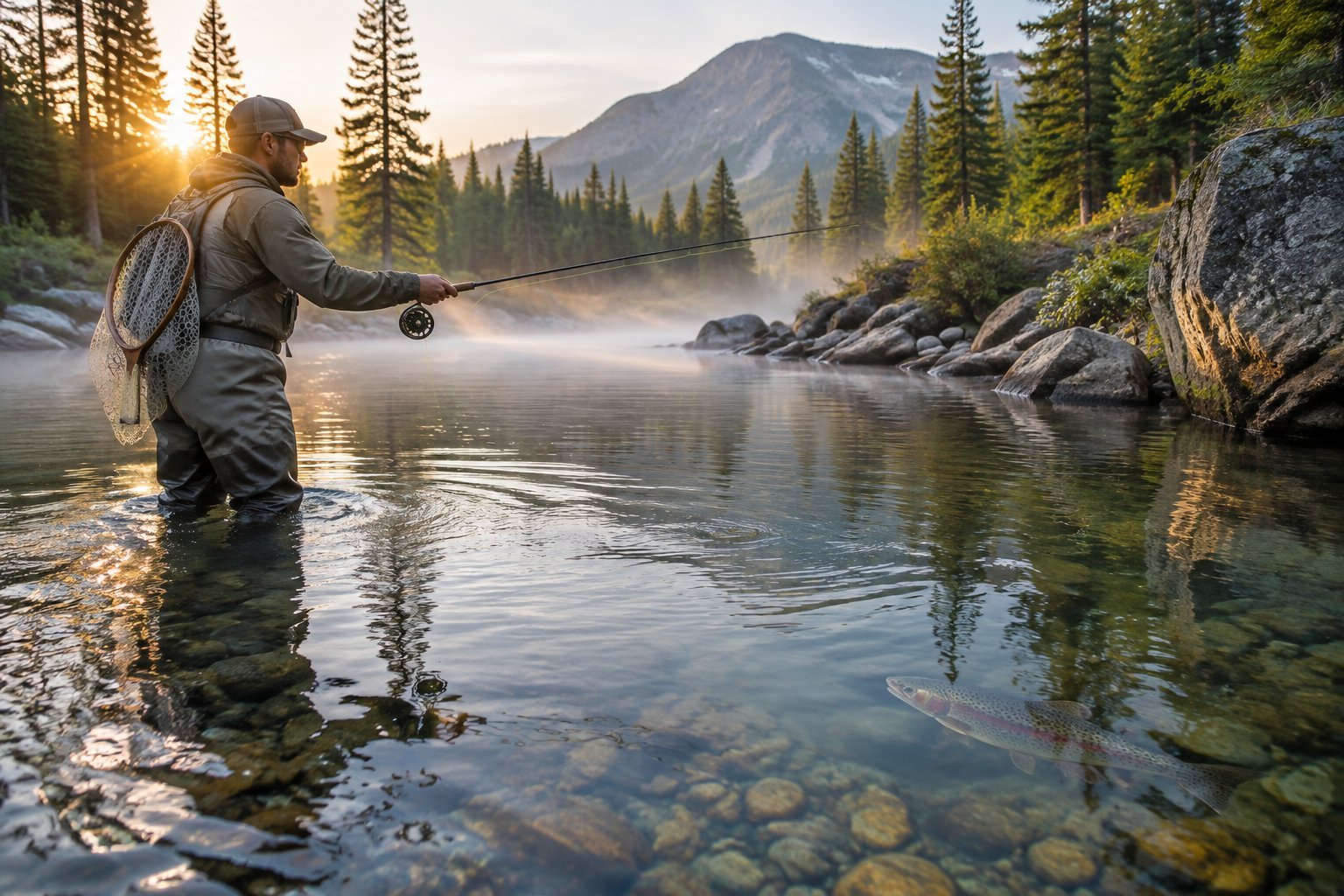 An angler casts a fly rod into a clear mountain stream as a cutthroat trout swims nearby.