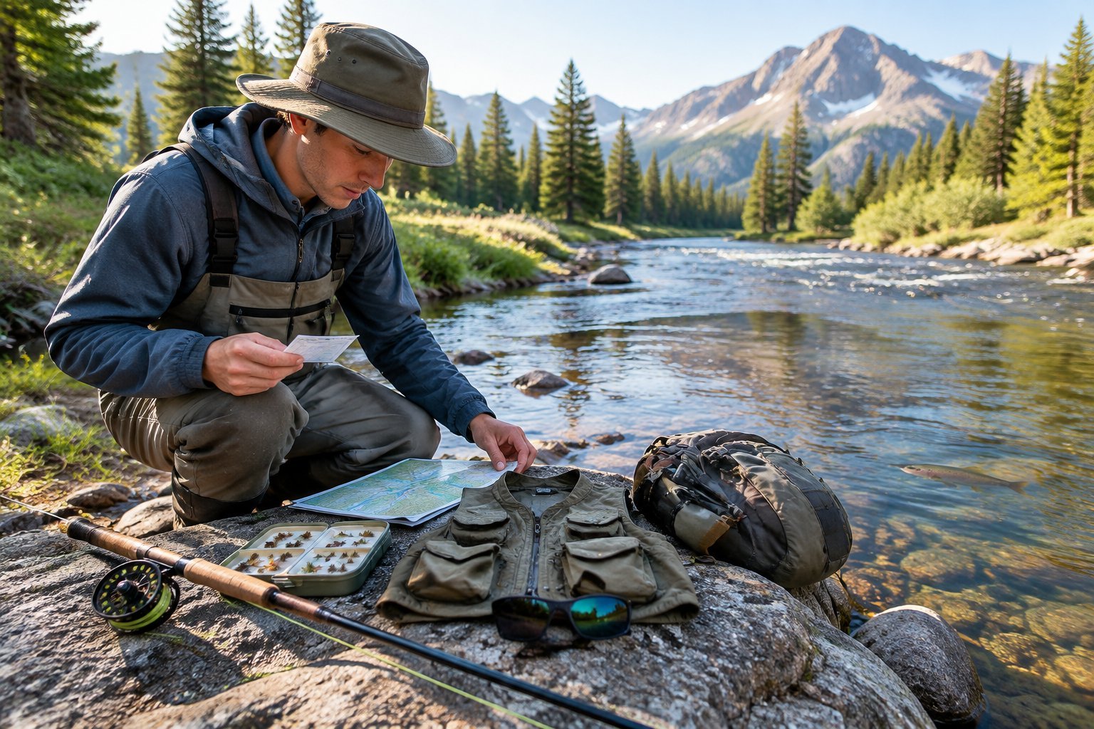 An angler checks fishing gear beside a mountain stream.