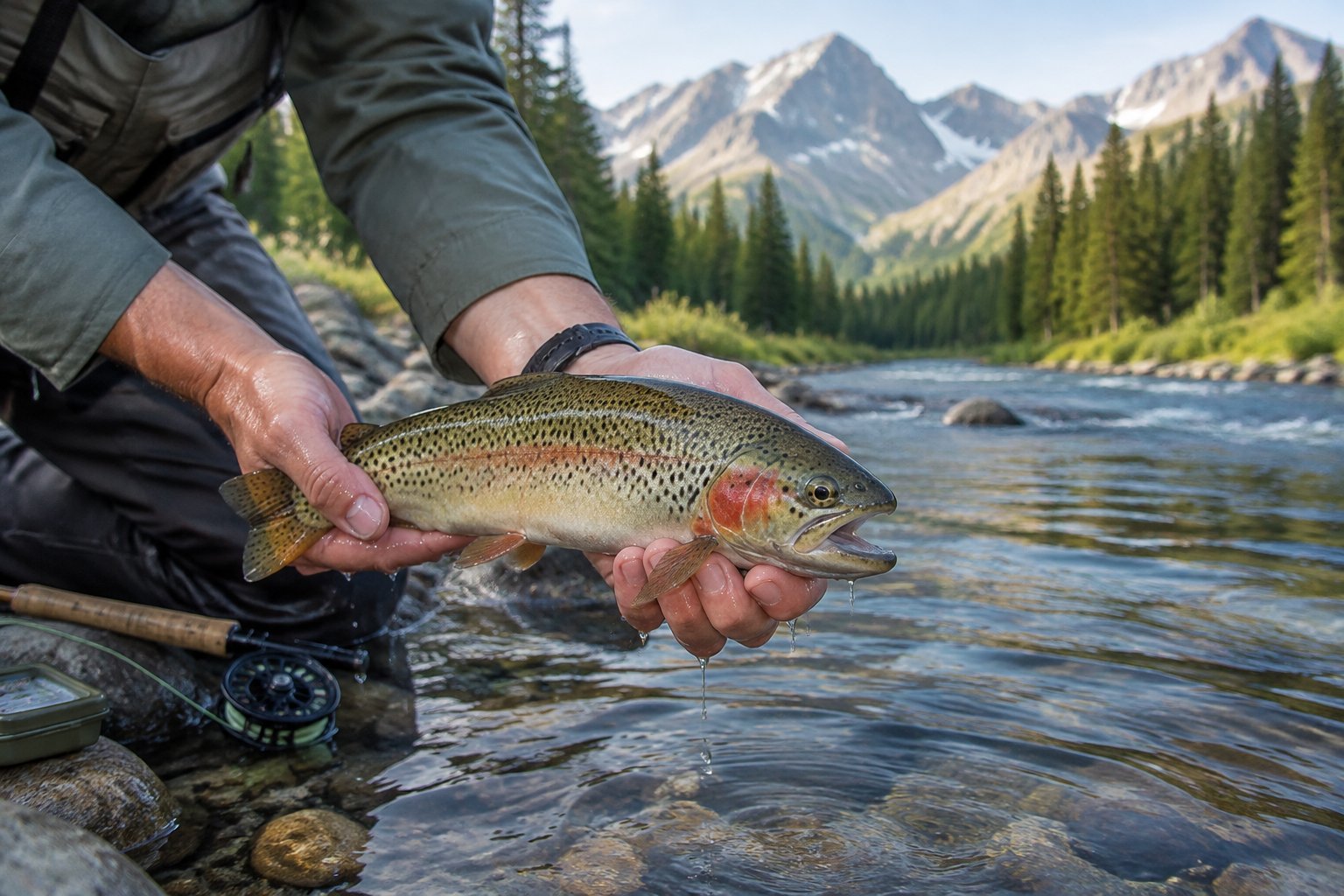 An angler holds a cutthroat trout beside a clear mountain stream.