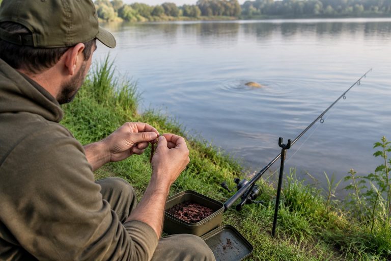 An angler baits a hook with a worm beside a lake while fishing for carp.