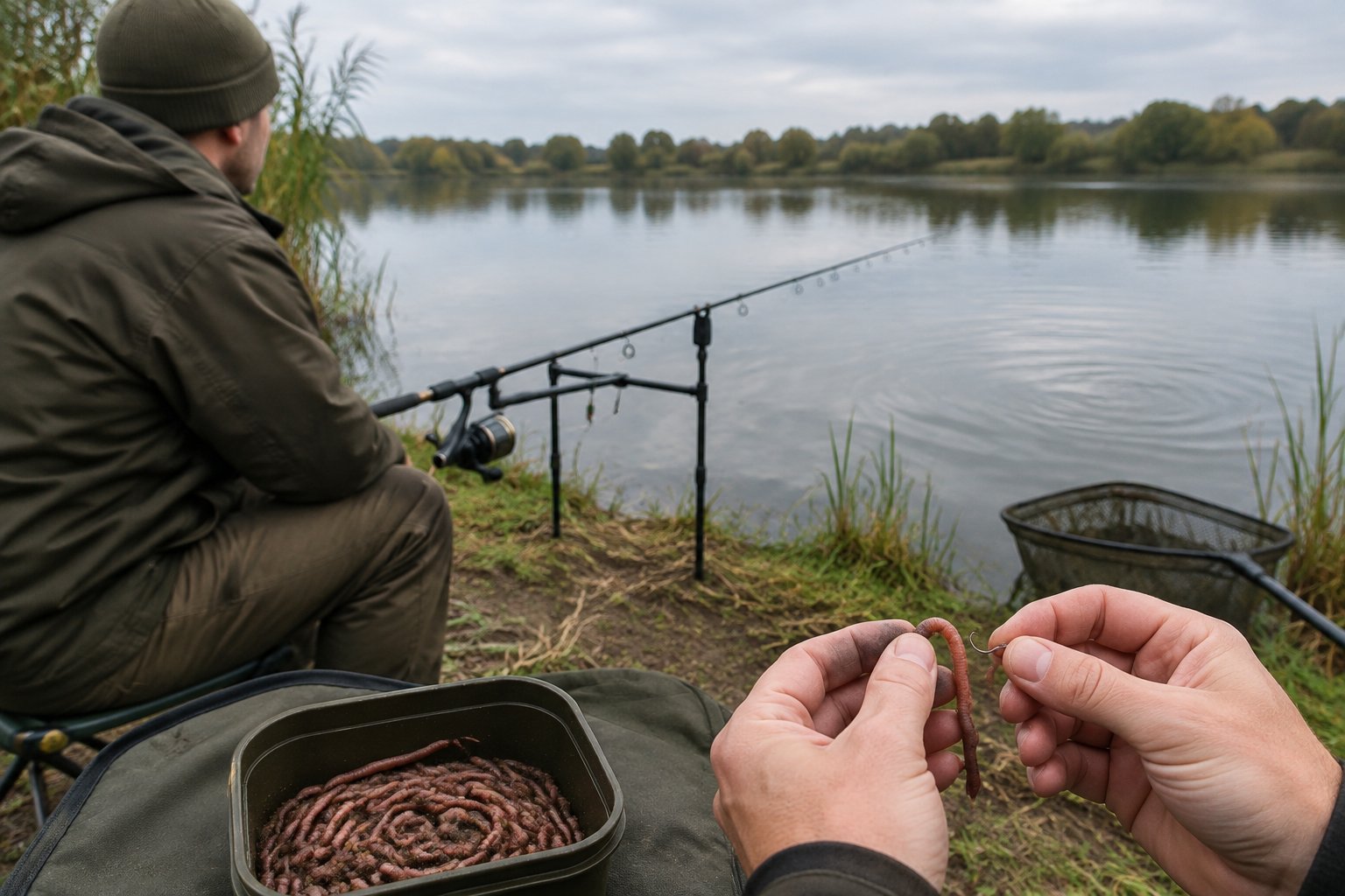 An angler prepares a worm as bait beside a calm lake while fishing for carp.
