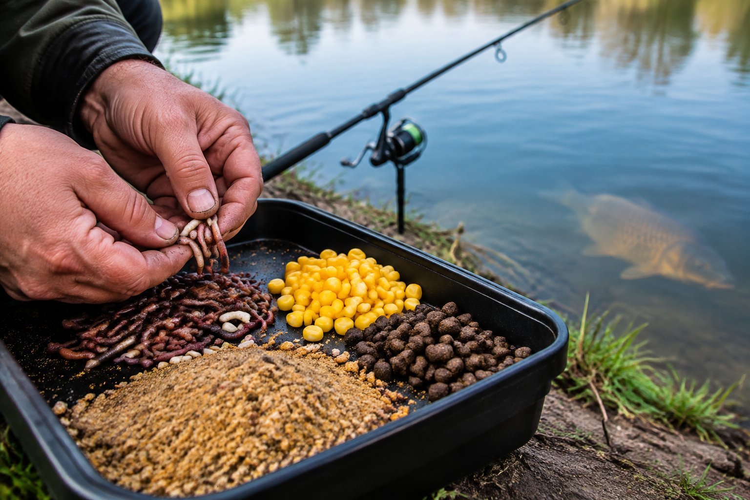 An angler arranges worms and other bait beside a lake while fishing for carp.