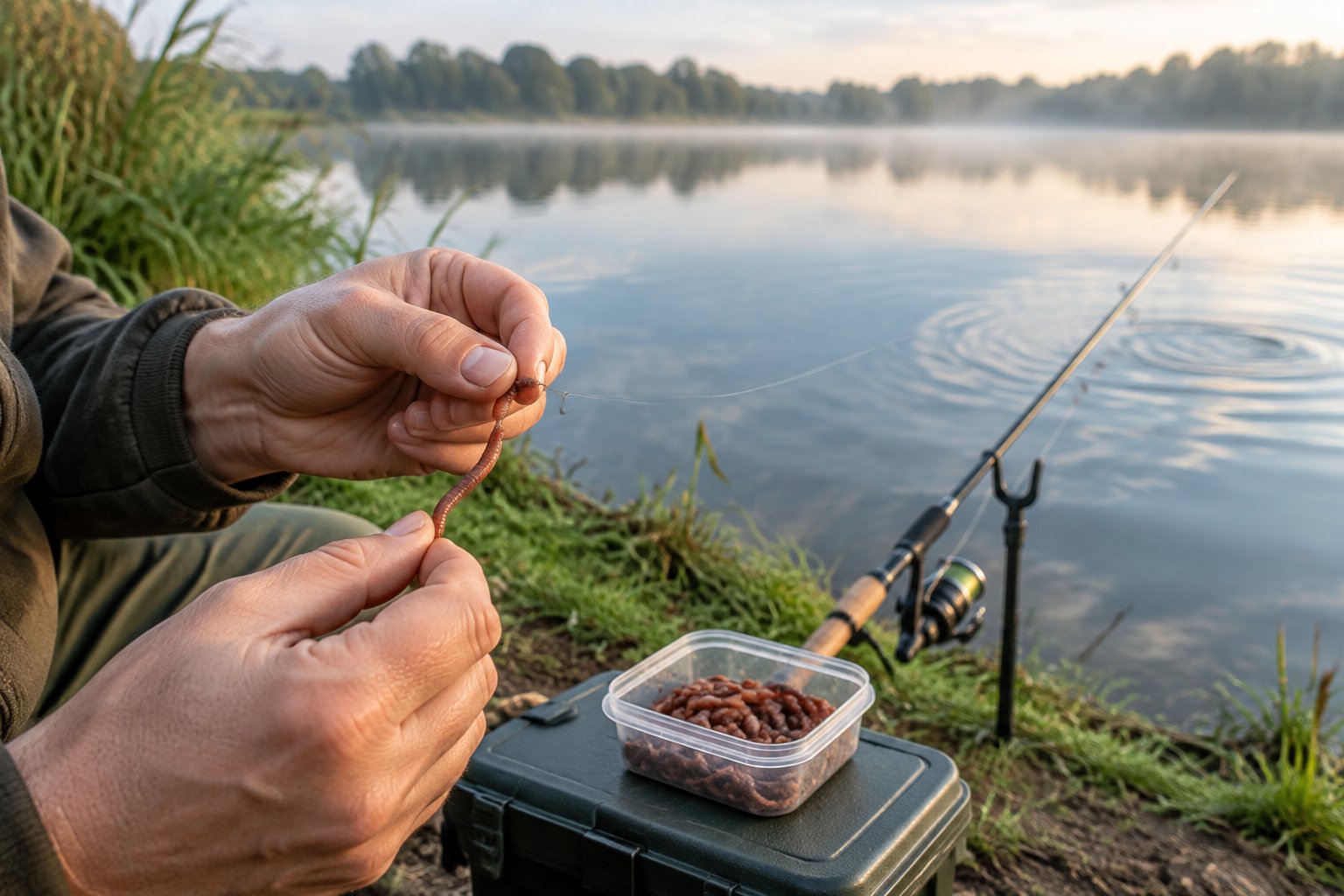 An angler threads a worm onto a hook beside a calm lake.