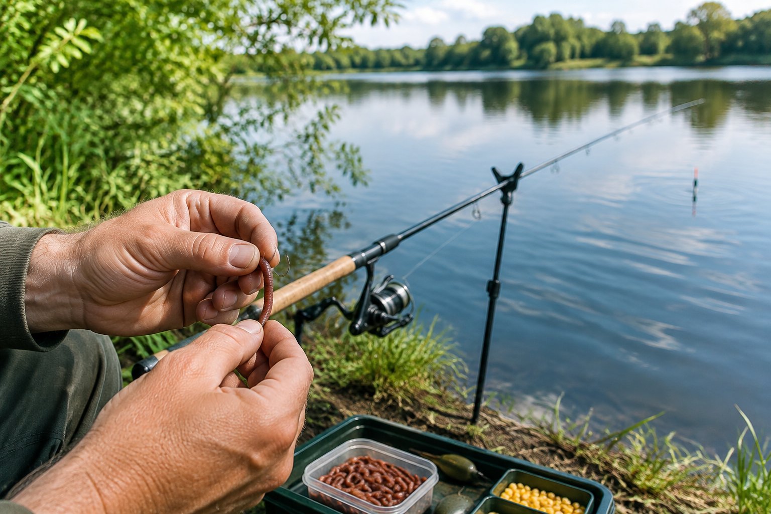 An angler baits a fishing hook with a worm beside a calm lake.