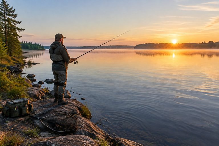 An angler fishes for walleye from a lakeshore.