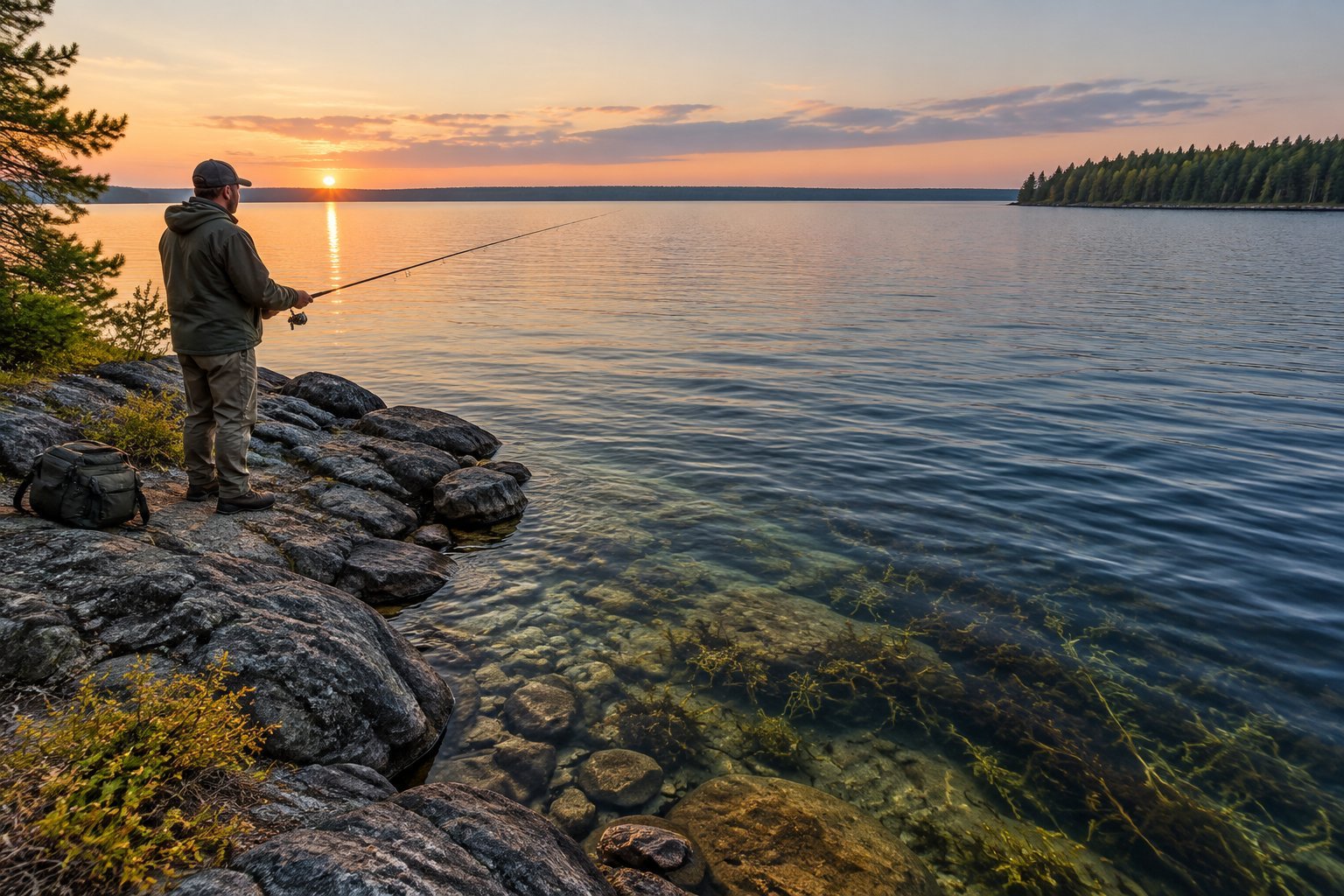 An angler casts from a rocky lakeshore toward deeper water near a submerged weed bed.