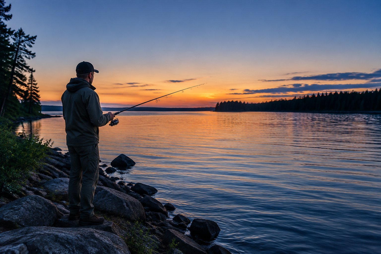 An angler fishes from a rocky lakeshore at dusk.