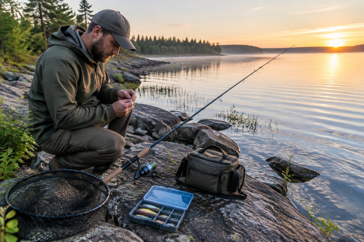 An angler prepares a spinning rod and basic fishing gear beside a calm lakeshore.