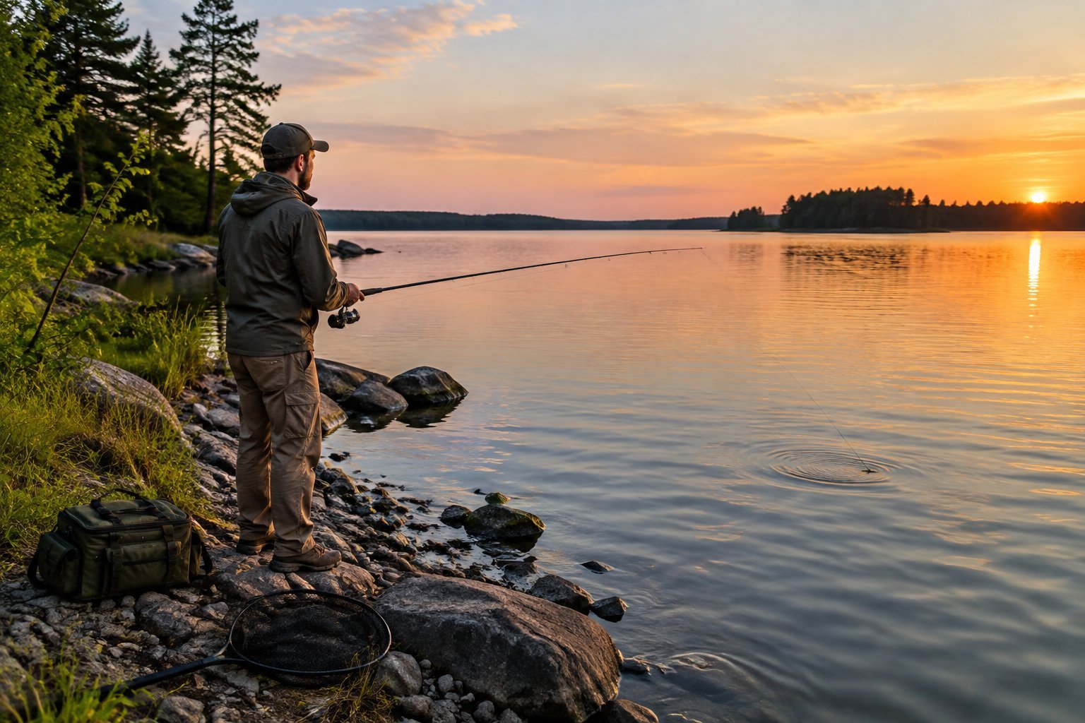 An angler fishes from a lakeshore in the evening.