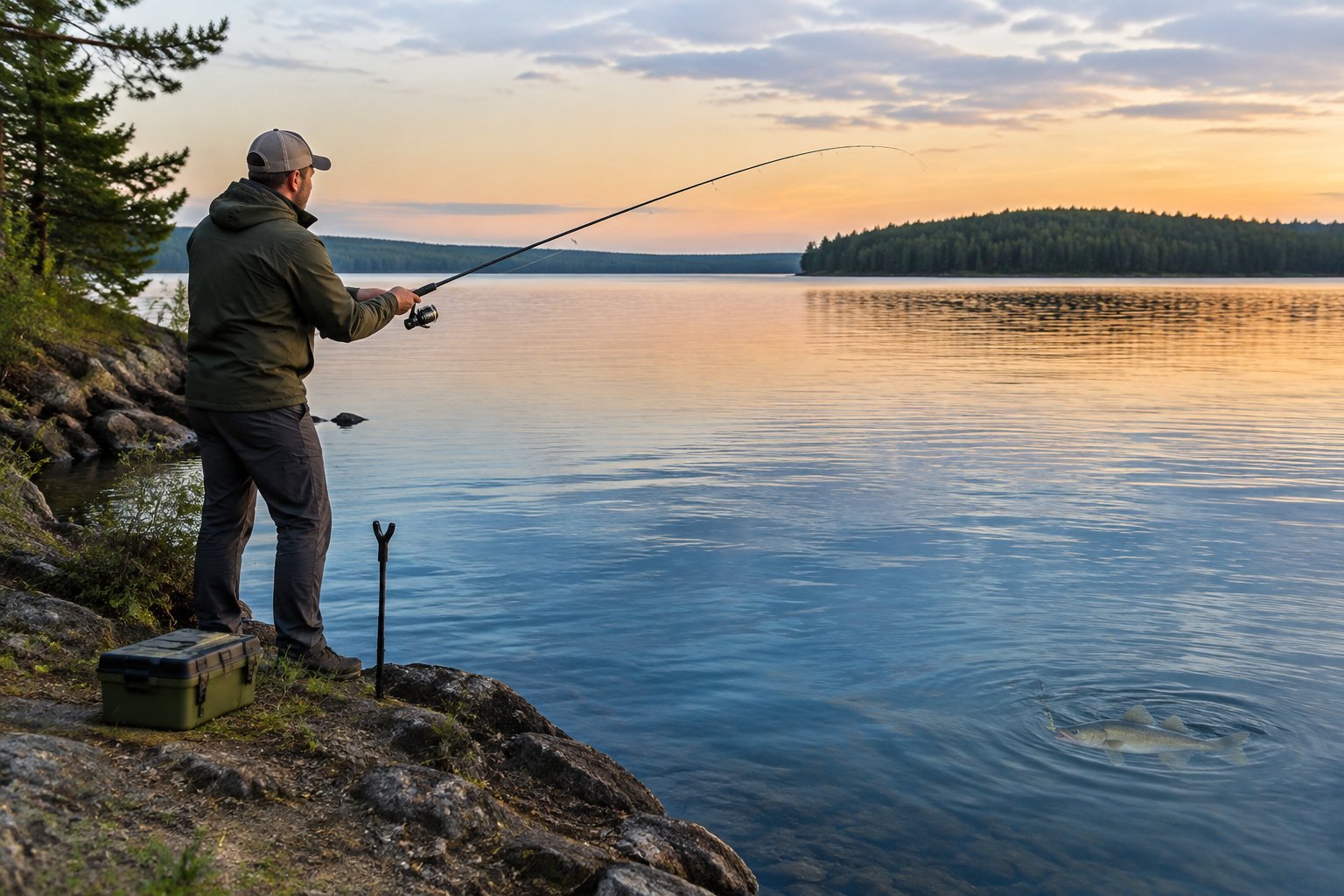 An angler casts a fishing rod from a lakeshore at dusk.