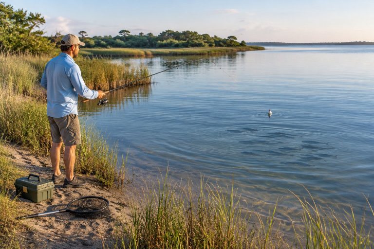 An angler casts a fishing line toward mullet in a coastal estuary.