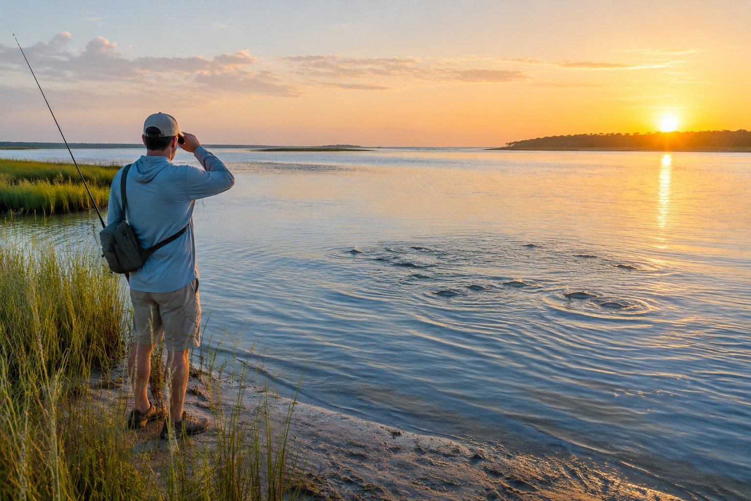 An angler watches a school of mullet near a shallow estuary shore at sunrise.