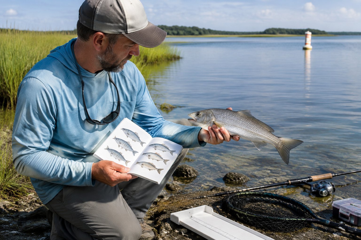 An angler examines a mullet beside a coastal estuary, with fishing gear and a measuring board nearby.