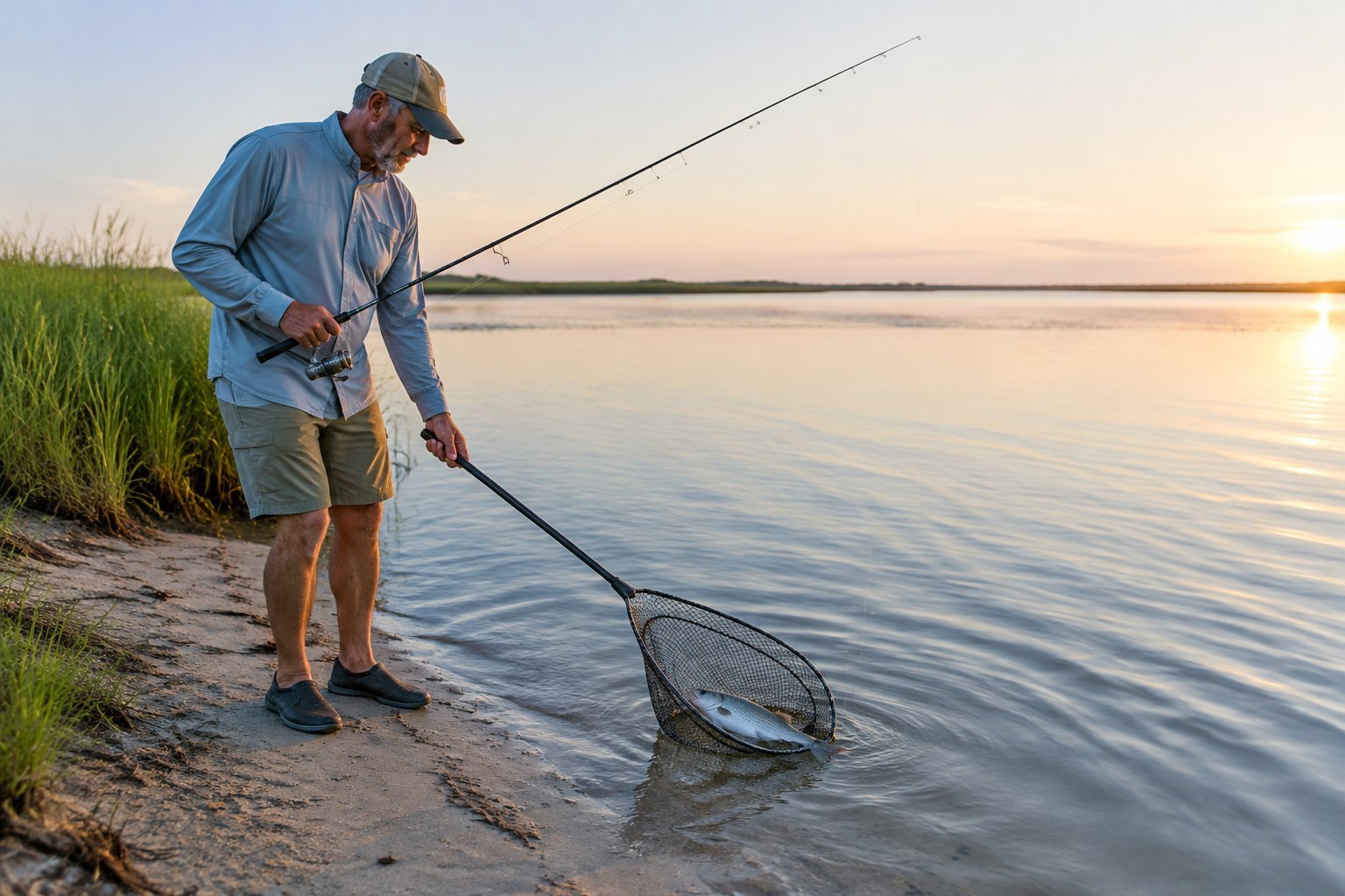 An angler catches a mullet in a calm estuary.