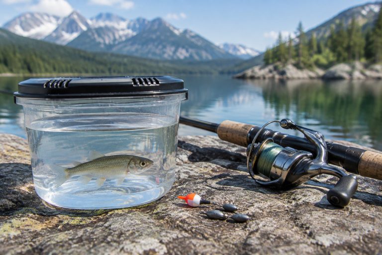 A minnow in a bait container beside fishing gear near a lake.