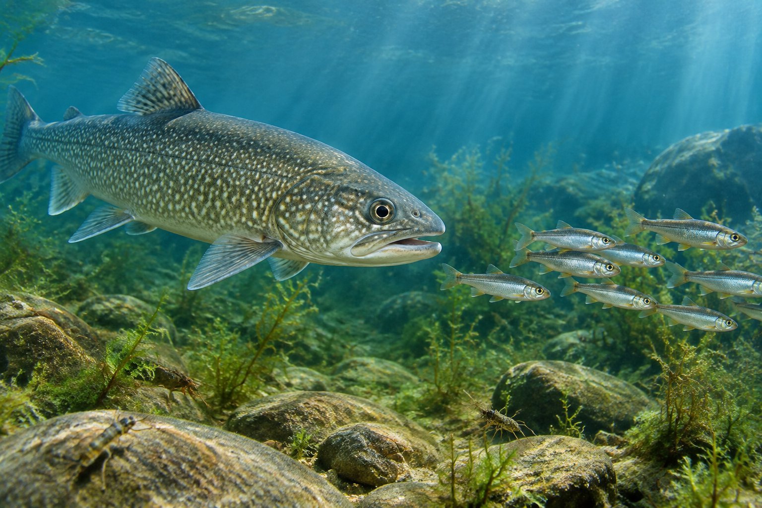 A lake trout swims toward small fish above a rocky freshwater lake bottom.