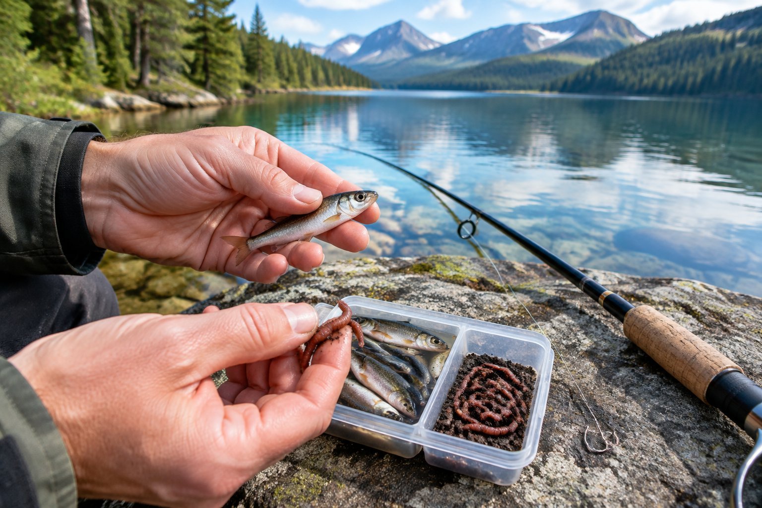 An angler compares minnows and worms beside a fishing rod at a lakeside.