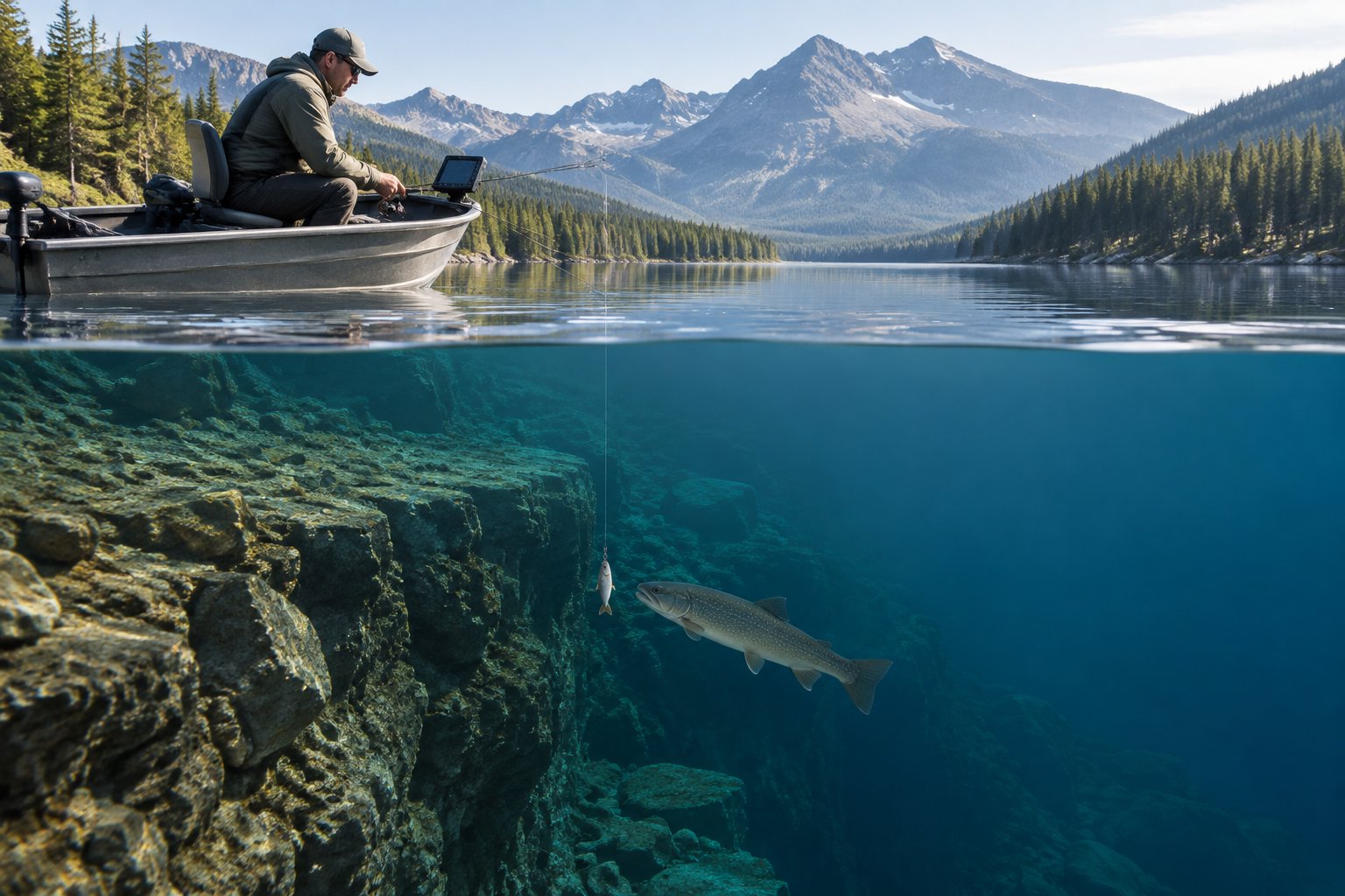 An angler lowers live bait from a boat near a deep underwater drop-off where a lake trout swims.