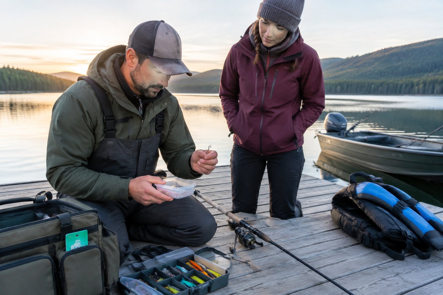 An angler checks a bait container and fishing hook beside a lake.