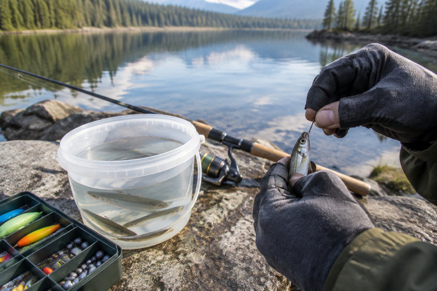 A hand prepares a hook with a minnow beside a lake, with fishing gear nearby.