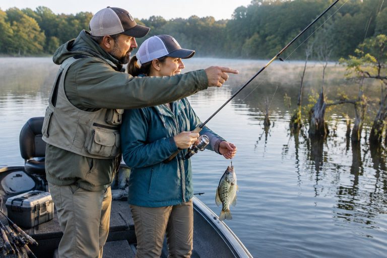 A fishing guide assists an angler holding a crappie in a small boat on a lake.