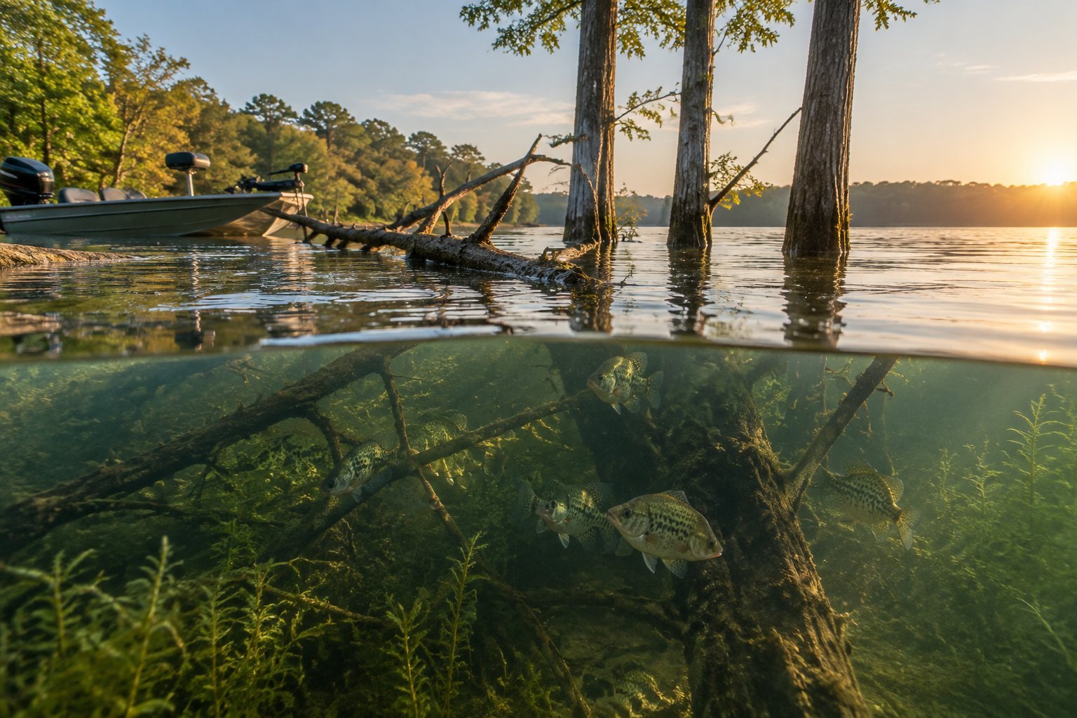 Crappie gather around submerged branches beside a small fishing boat on a calm lake.
