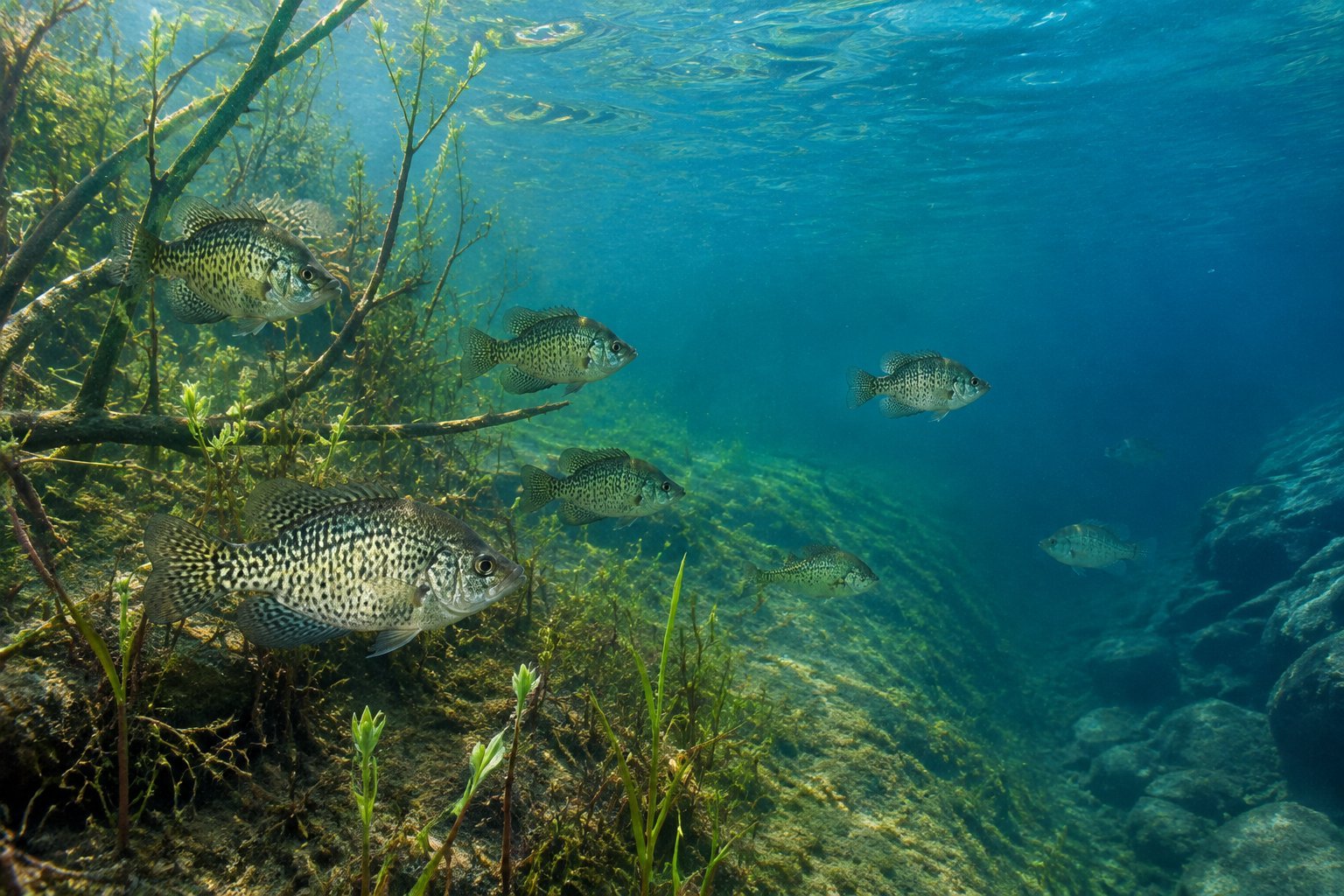 Crappie swim between shallow shoreline cover and deeper water in a freshwater lake.