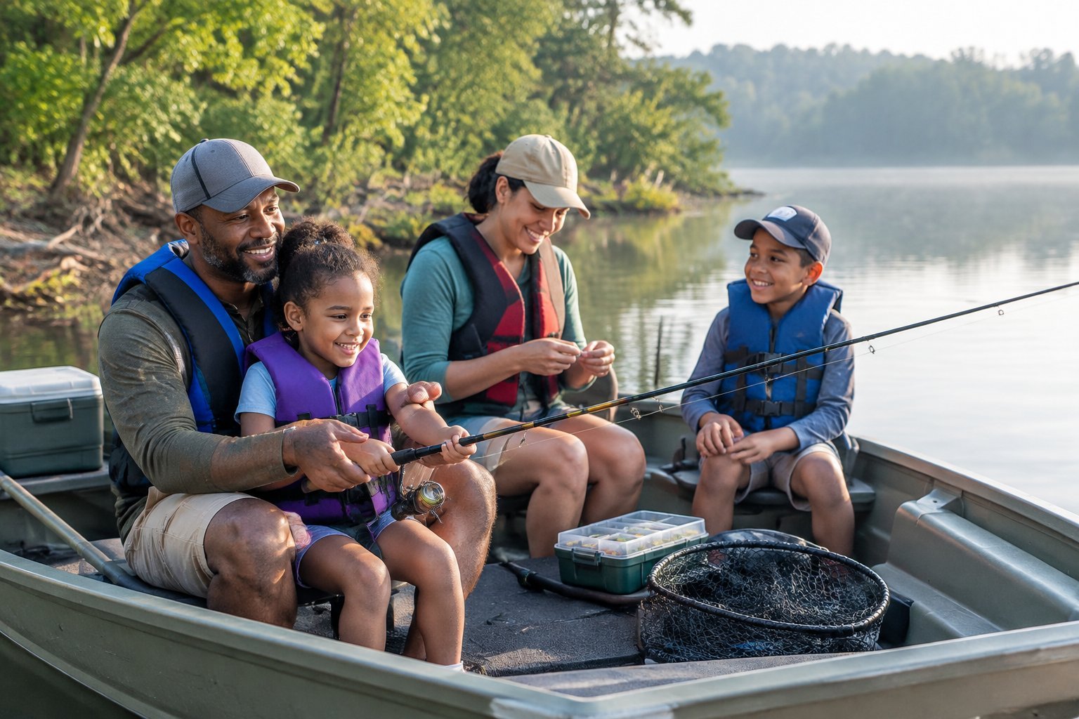 A family in life jackets fishes together from a small boat on a calm lake.