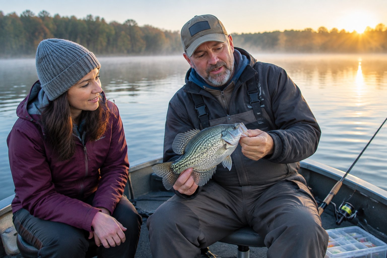 A fishing guide shows a client a crappie aboard a boat on a calm lake.