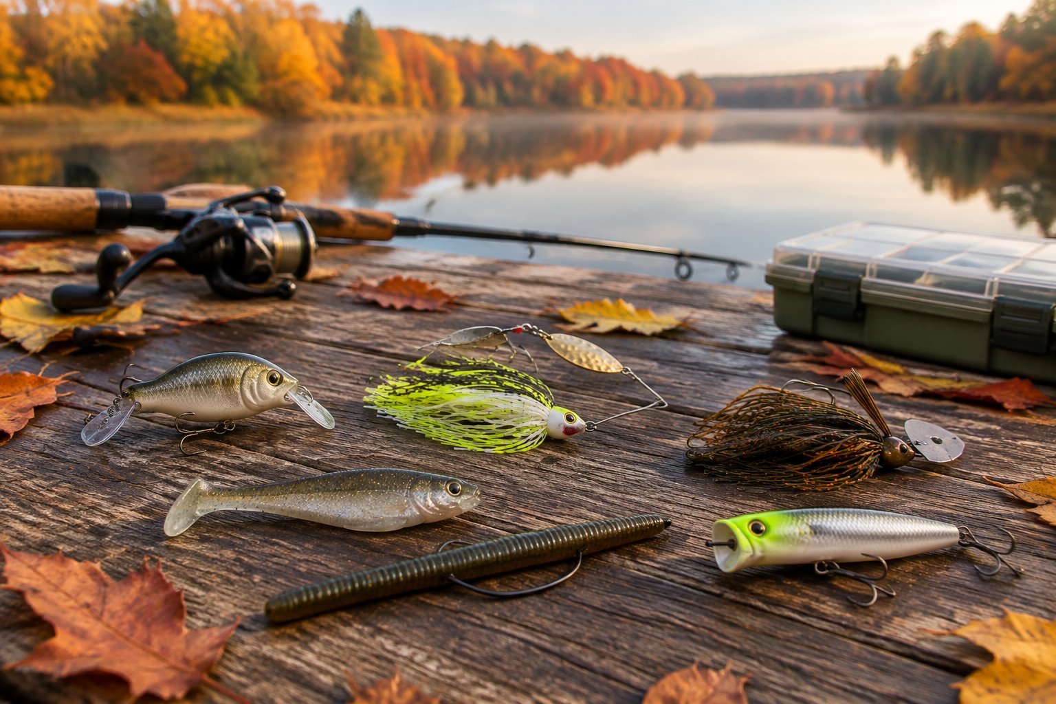 Fishing lures arranged on a dock beside an autumn lake.