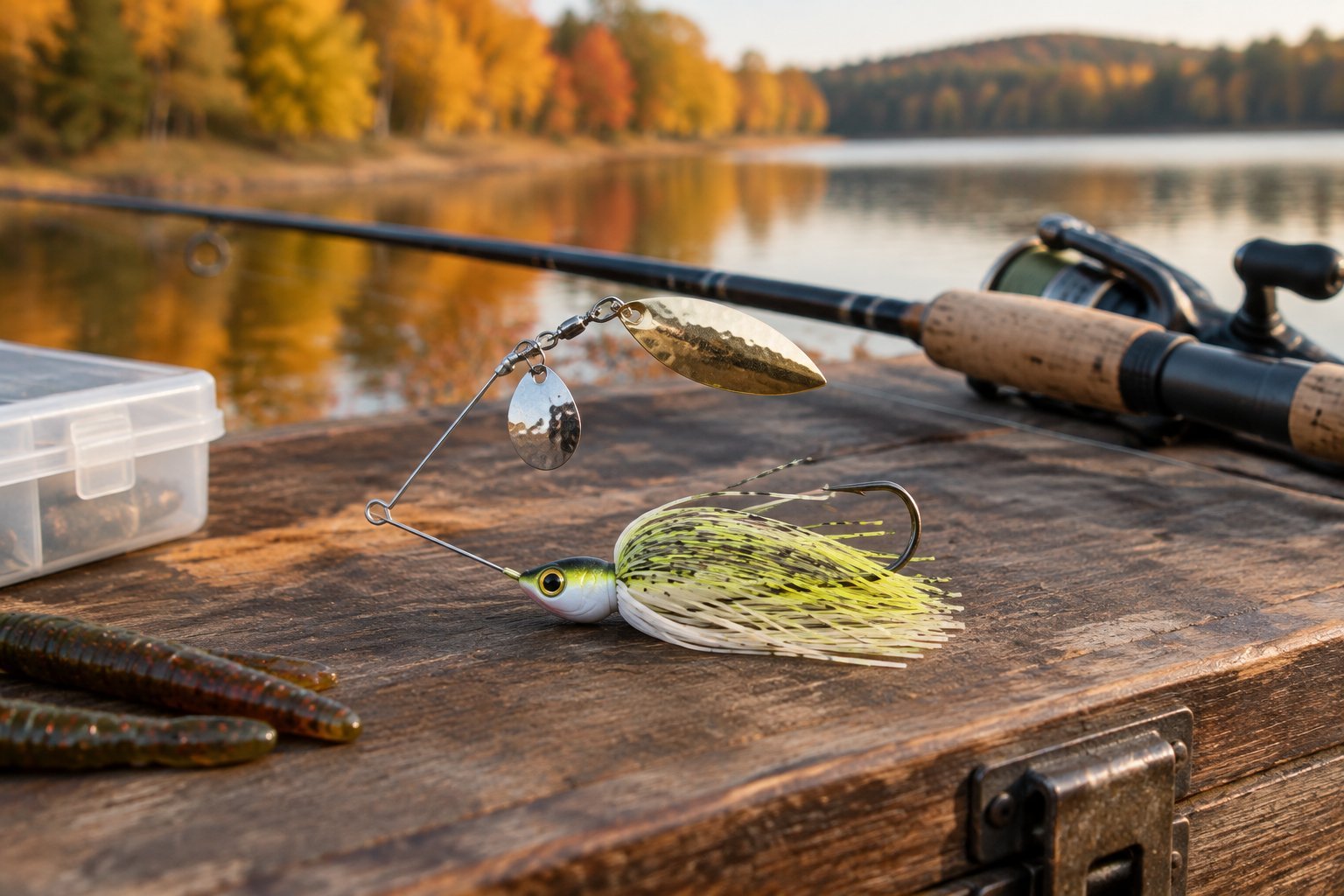 A spinnerbait rests on a tackle box beside a fishing rod near an autumn lake.