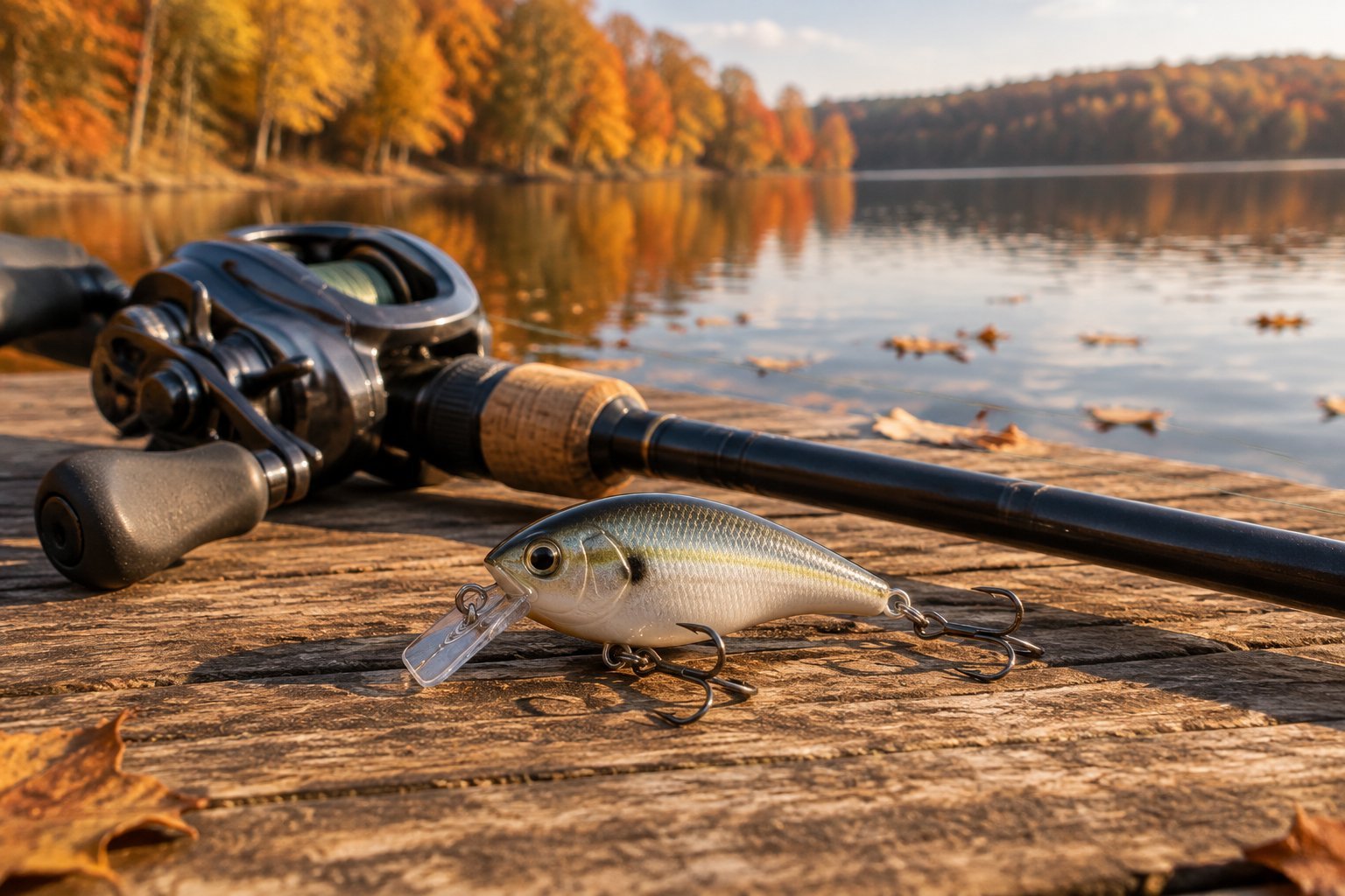 A squarebill fishing lure and baitcasting rod rest on a dock beside an autumn lake.