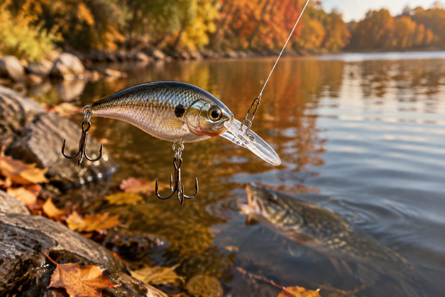 A crankbait hangs above the water near an autumn shoreline, with a bass in the background.