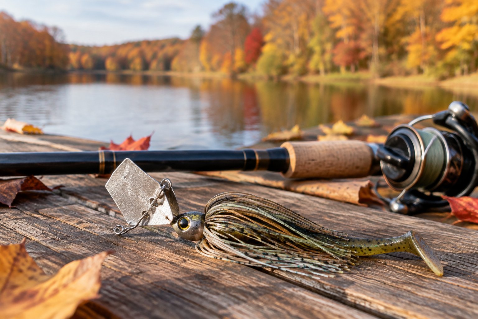 A bladed fishing lure and rod on a dock beside an autumn-colored lake.