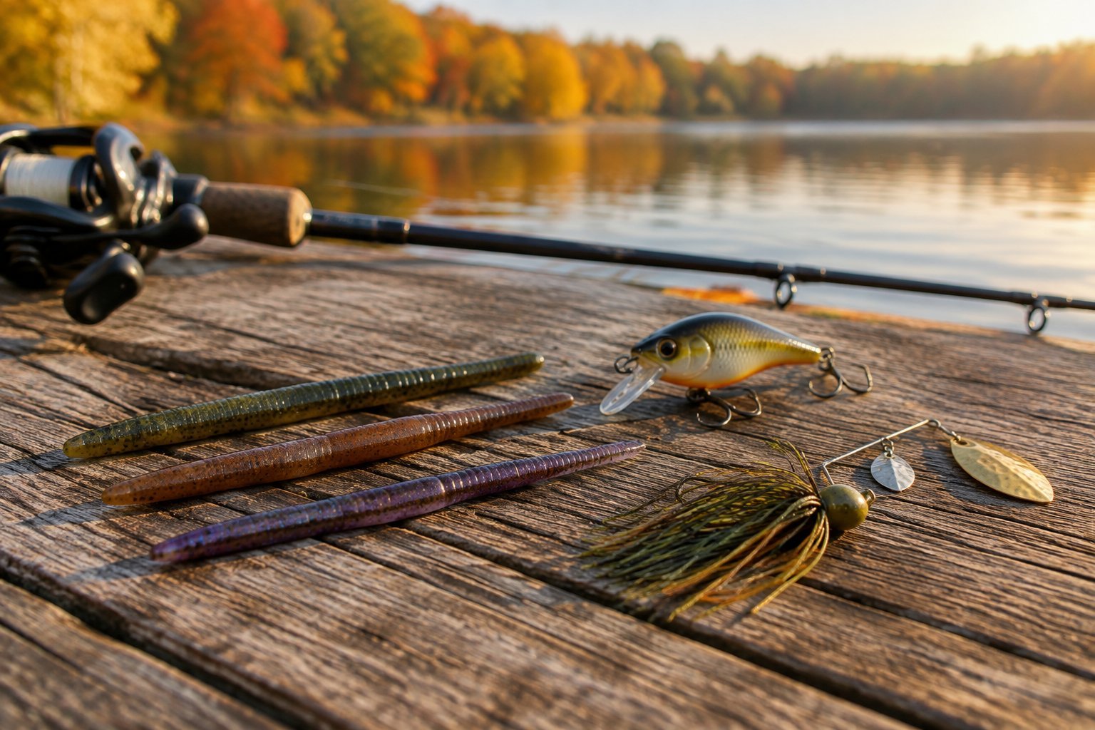 A selection of bass fishing lures arranged beside an autumn lake.