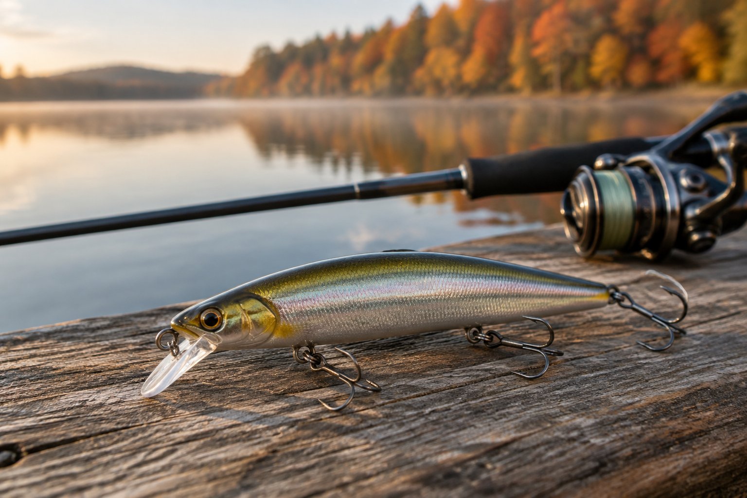 A jerkbait lure rests on a wooden dock beside an autumn lake.
