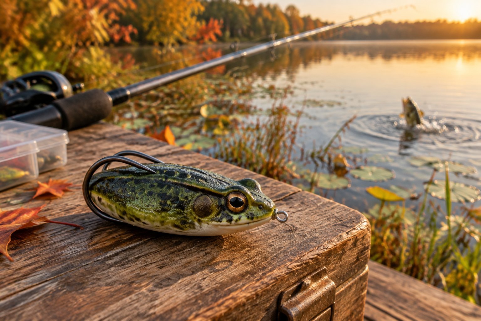 A frog-shaped fishing lure rests on a tackle box beside a lake with autumn shoreline plants.