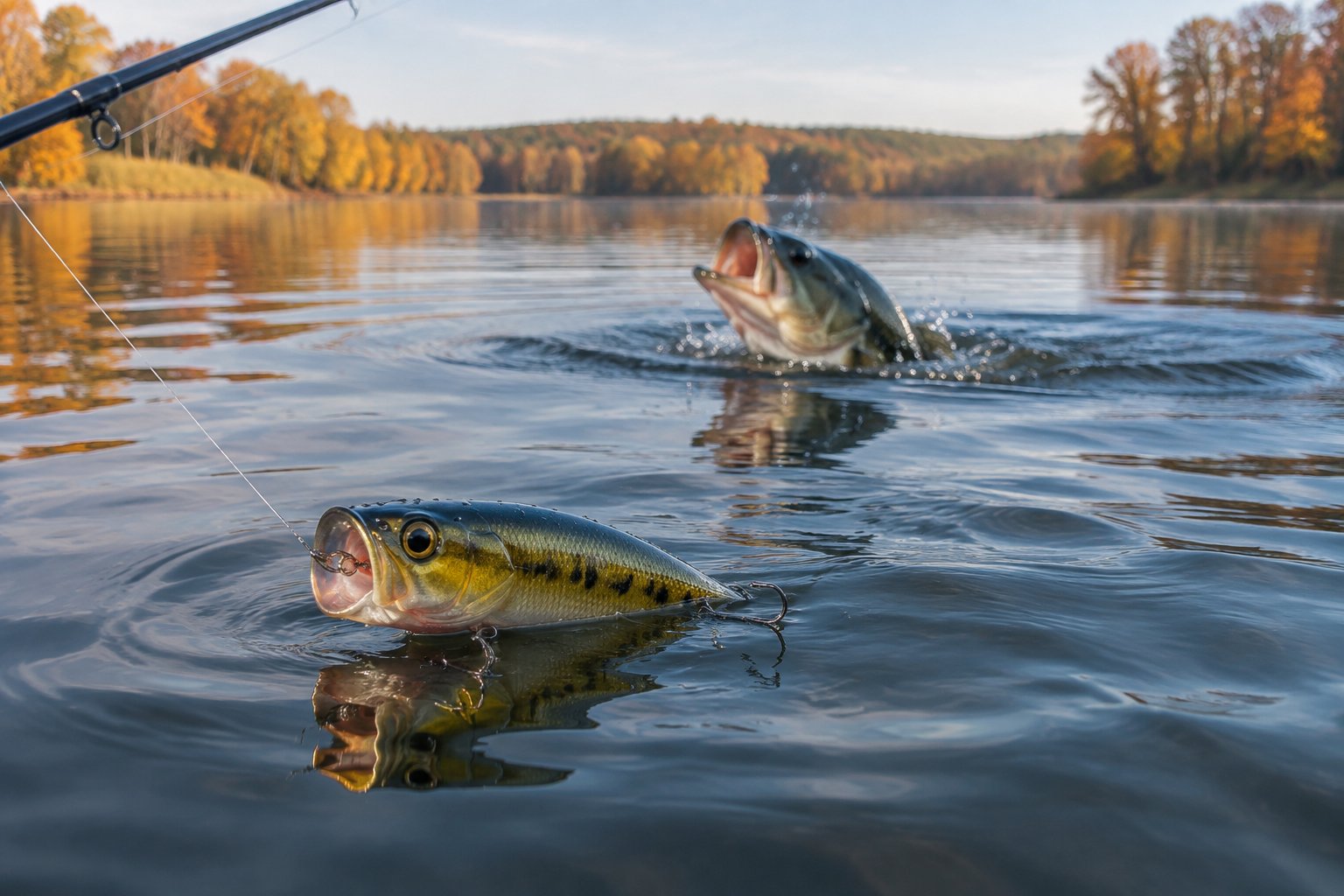 A popper fishing lure floats on an autumn lake as a bass breaks the water nearby.