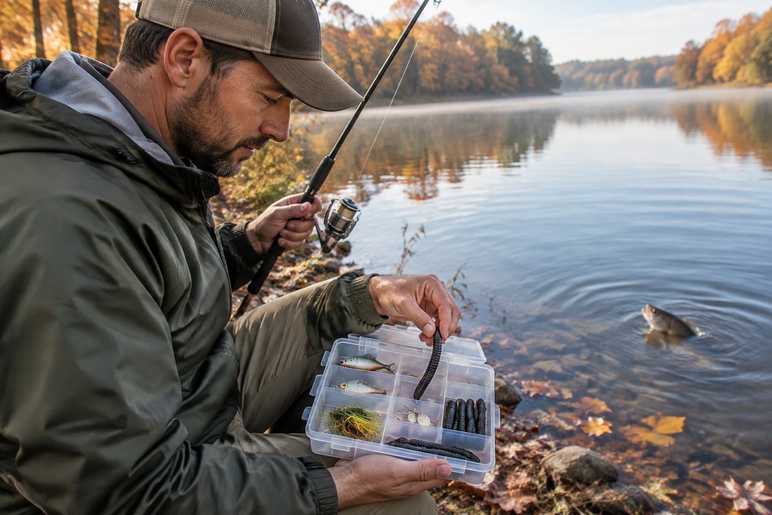 An angler chooses a fishing lure beside a calm lake surrounded by autumn trees.
