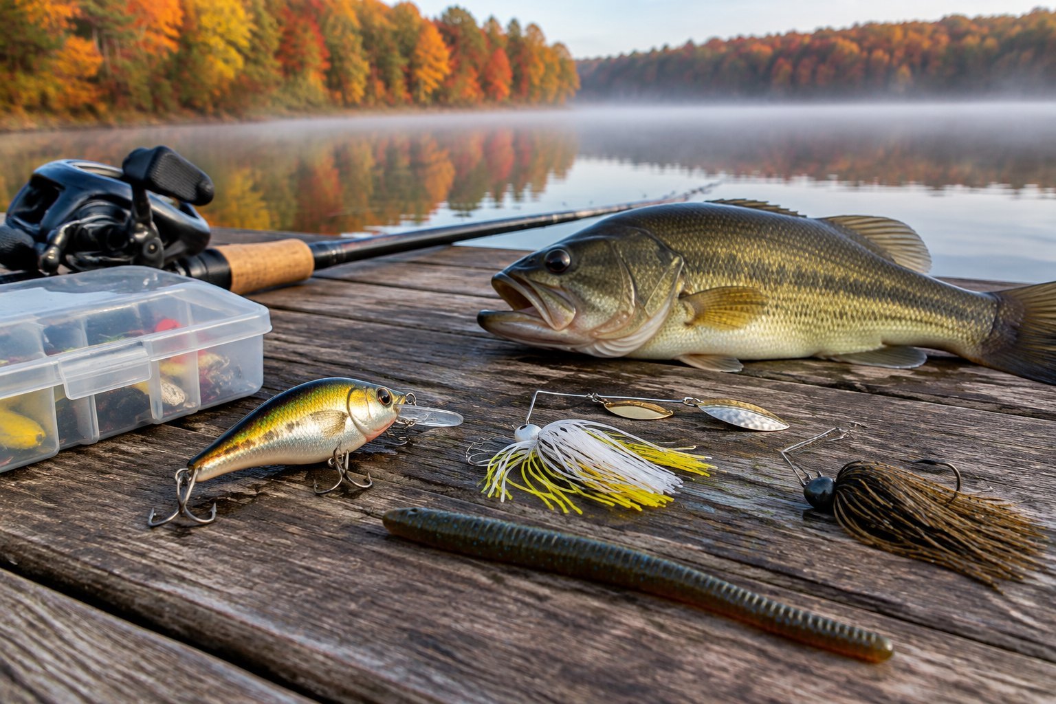 Bass fishing lures and a largemouth bass on a dock beside an autumn lake.