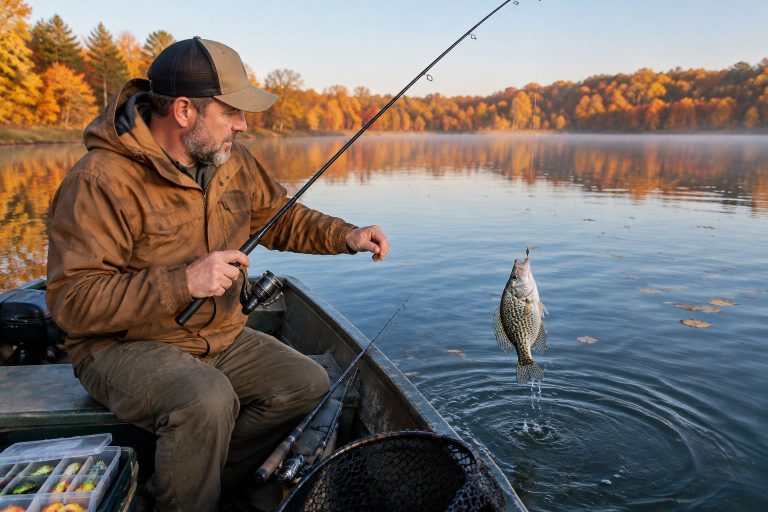 An angler brings a crappie alongside a boat on a lake bordered by autumn-colored trees.