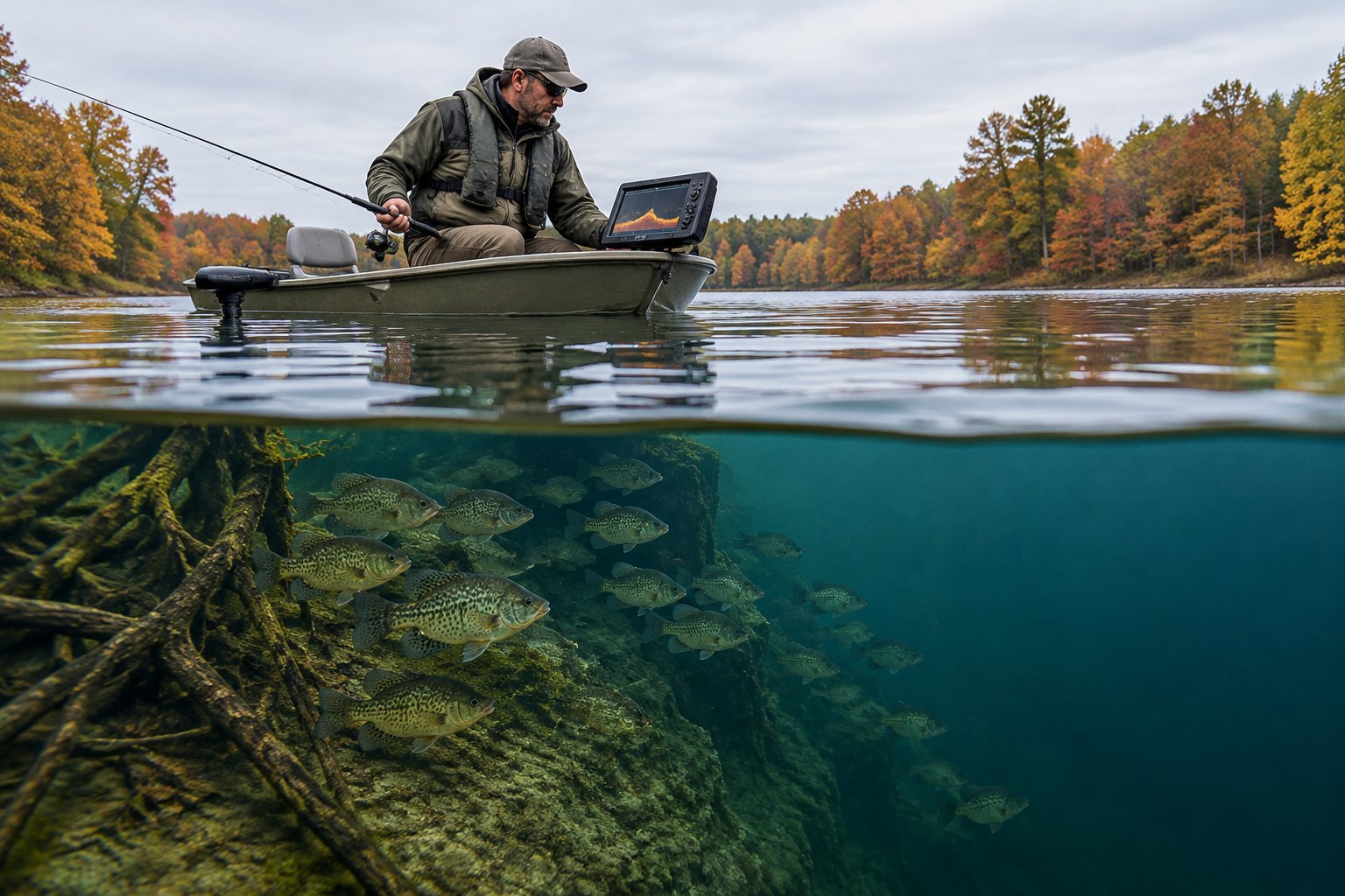 An angler uses a fish finder from a boat on an autumn lake.