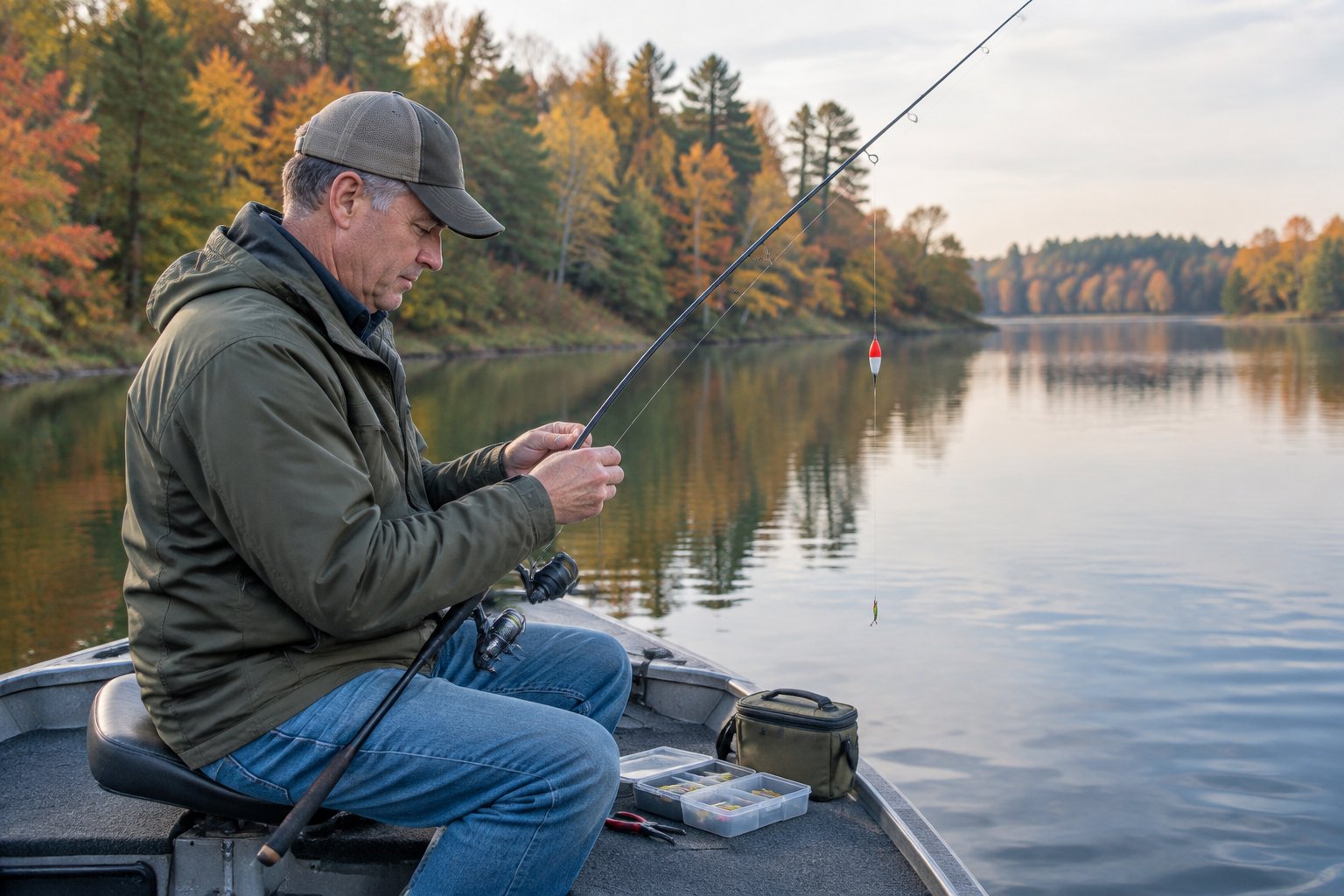An angler prepares a simple jig-and-float rig on a small boat on a calm autumn lake.