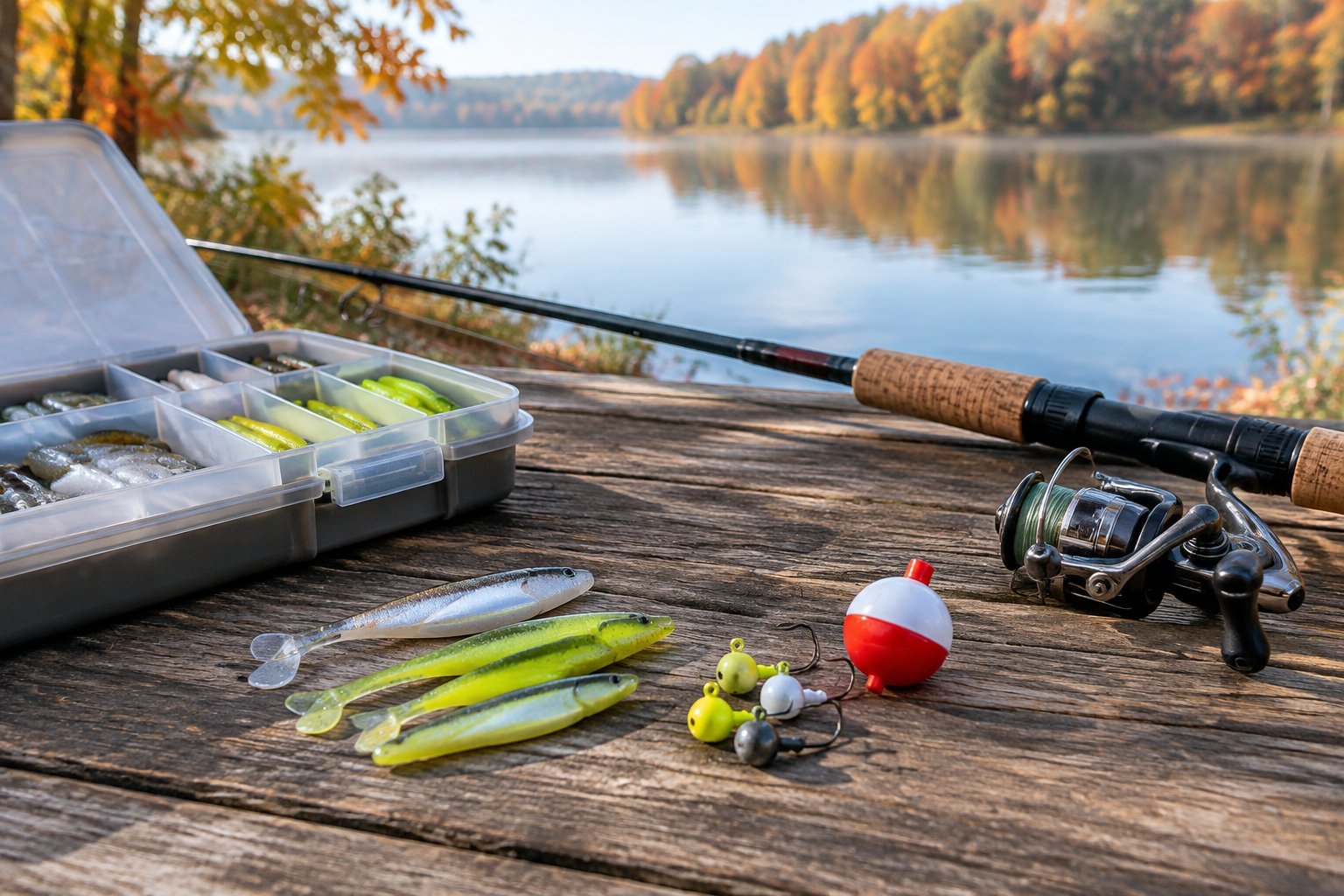Beginner-friendly crappie lures, jig heads, and a bobber arranged beside a tackle box near an autumn lake.