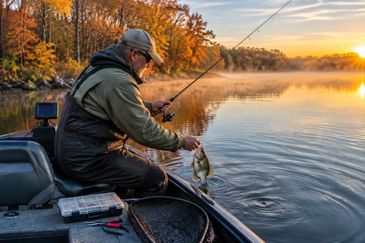 An angler brings a crappie toward a small boat on a calm lake bordered by autumn trees.
