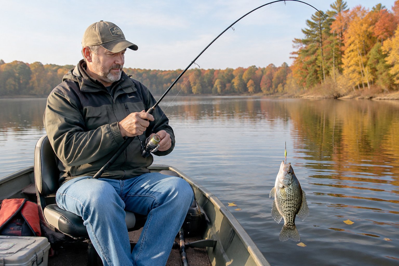 An angler reels in a crappie from a small boat on an autumn lake.