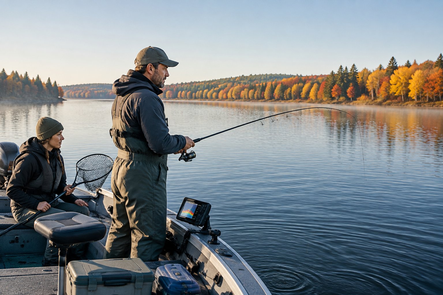 Two anglers fish from a boat on a lake bordered by autumn trees.